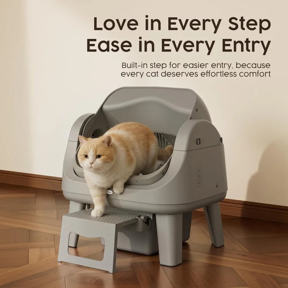 Open Top Automatic Cat Litter Box with 7 Safety Sensors & Anti-Pinch Protection, Easy Access Step for Senior Cats, Custom