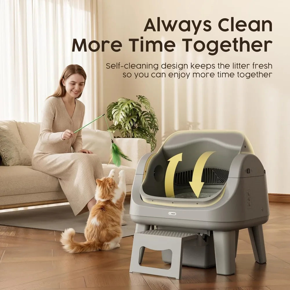 Open Top Automatic Cat Litter Box with 7 Safety Sensors & Anti-Pinch Protection, Easy Access Step for Senior Cats, Custom
